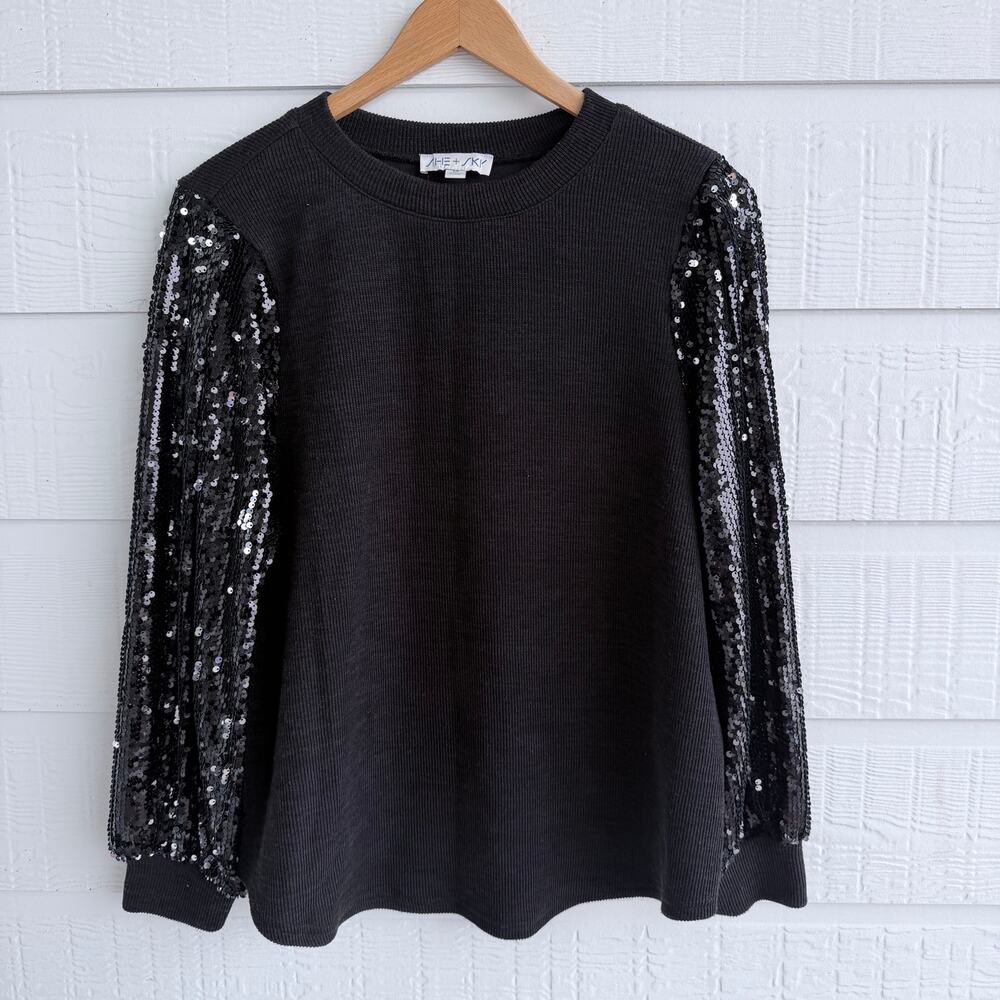 She + Sky Black Sequin Balloon Sleeve Knit Top Medium